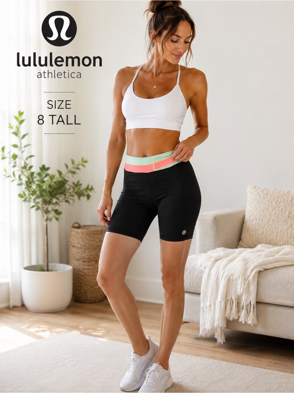 Vintage Lululemon Athletica Bike Shorts | Size 8 Tall | Black with Mint & Coral